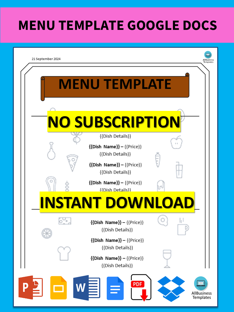 menu template google docs modèles