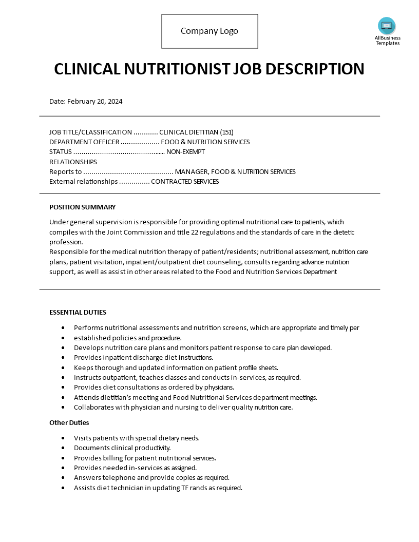 Clinical Nutritionist Job Description Templates at
