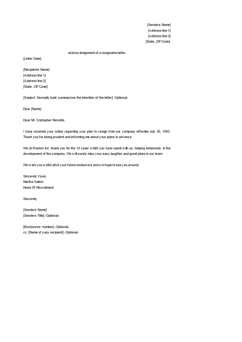 acknowledgement of a resignation letter sample template