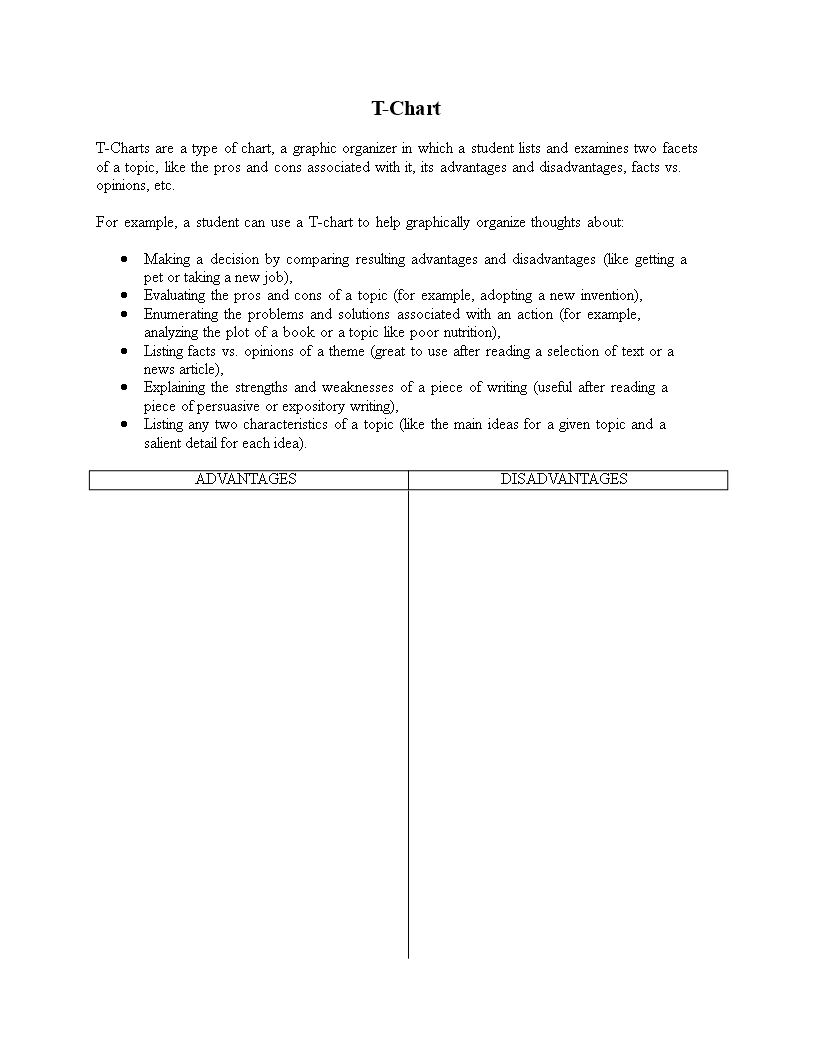 t chart with instructions to compare advantages vs disadvantages modèles