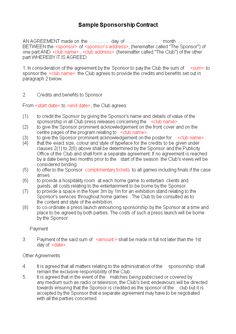 sample sponsorship contract template