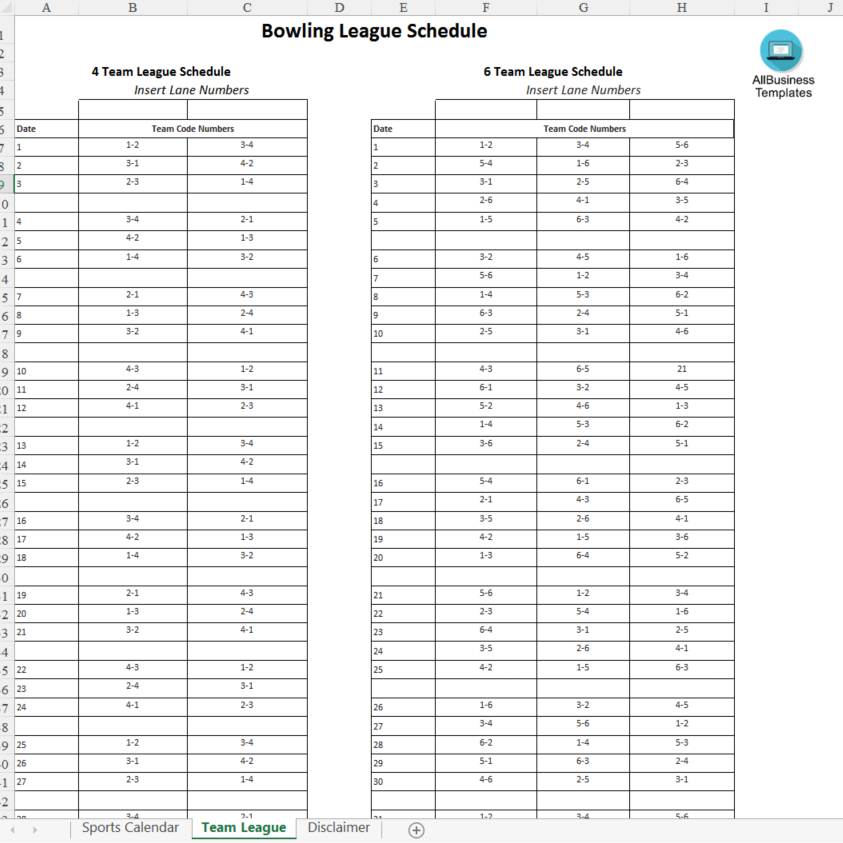 Iskedyul ng laro ng Bowling 模板