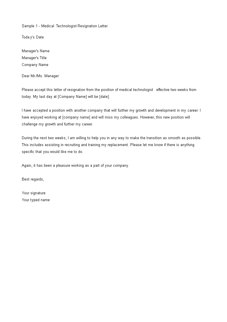 medical technologist resignation letter template