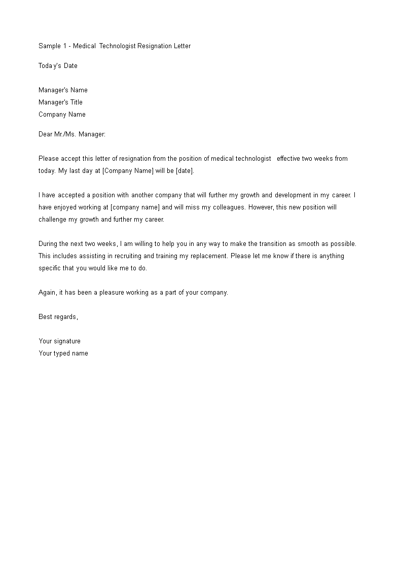 medical technologist resignation letter modèles