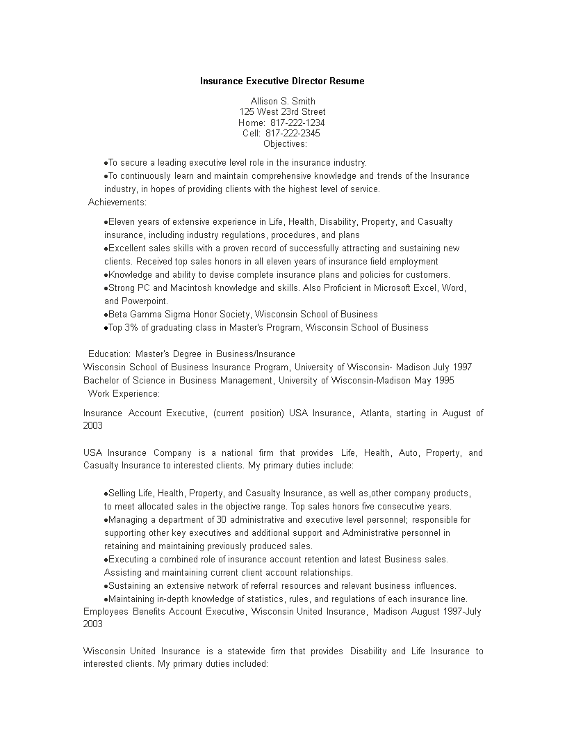 insurance executive director resume template