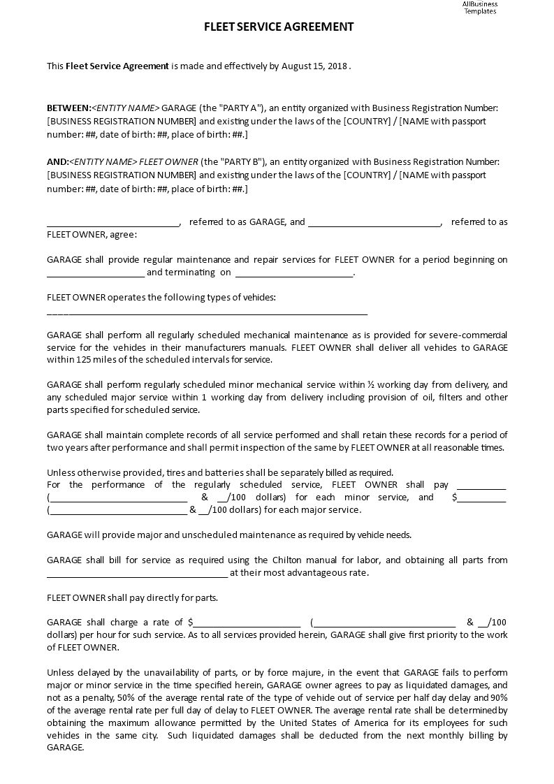 fleet service agreement voorbeeld afbeelding 