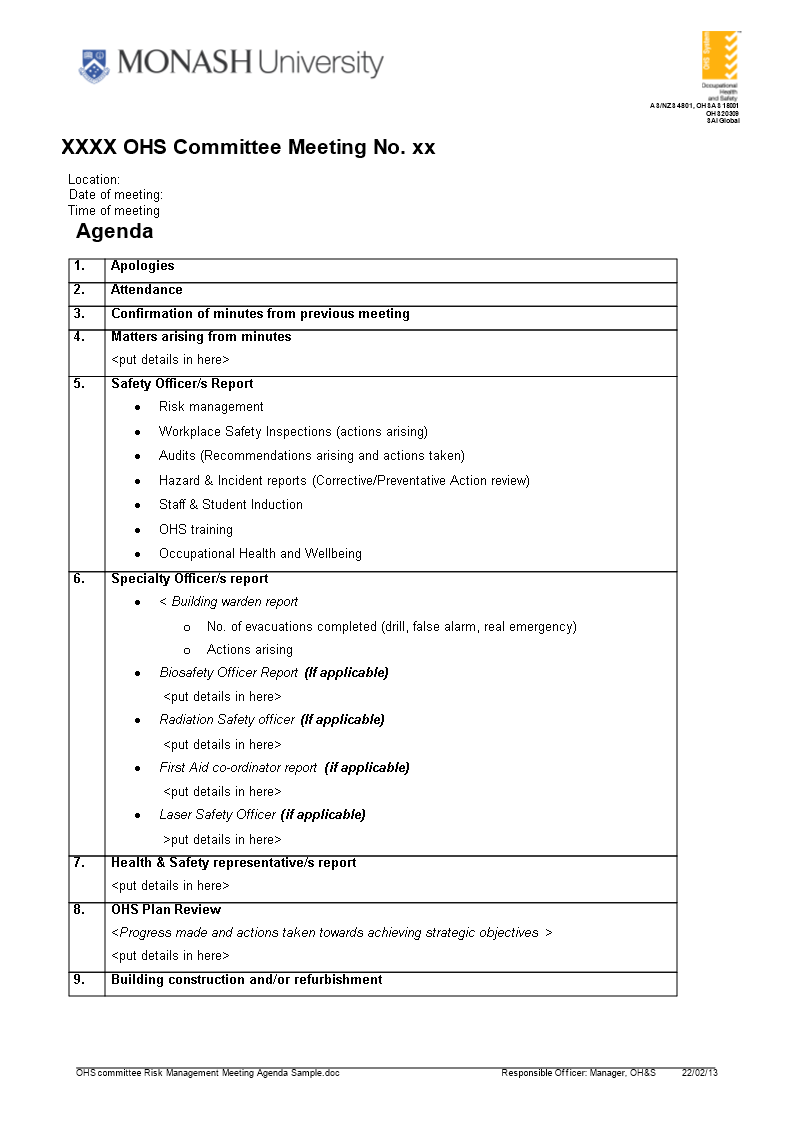 Kostenloses Risk Management Meeting Agenda Throughout Simple Meeting Agenda Template Word