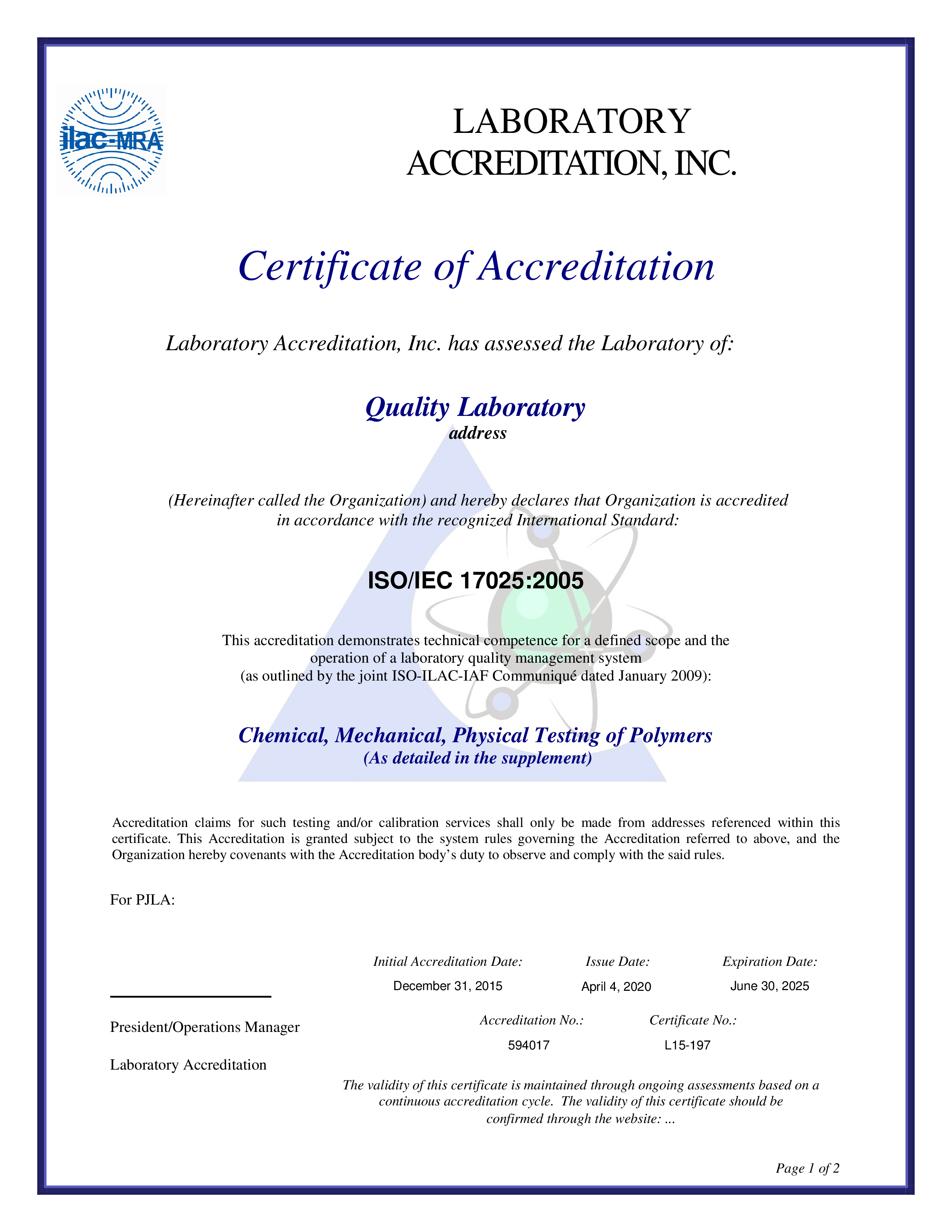 Laboratory Quality Management Certificate 模板