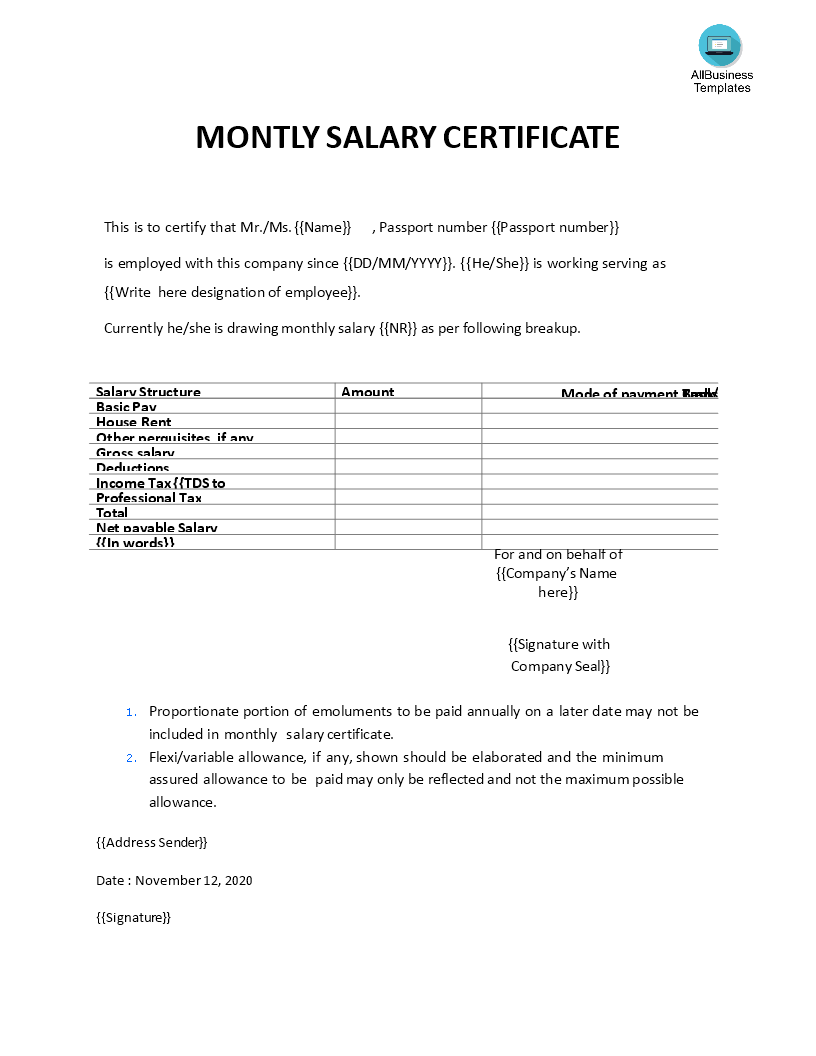 Salary Certificate Letter 模板