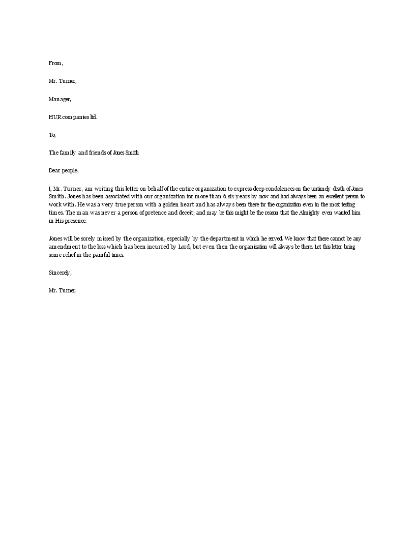 sample of condolence letter to employee
