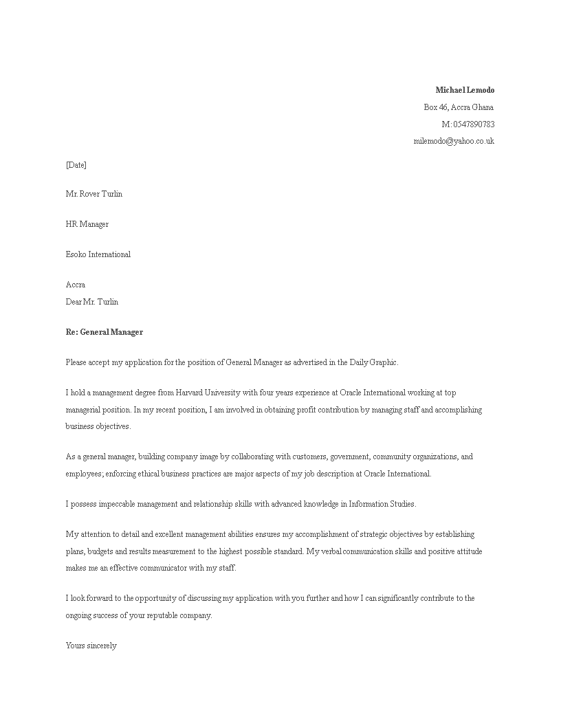 job application letter general manager template