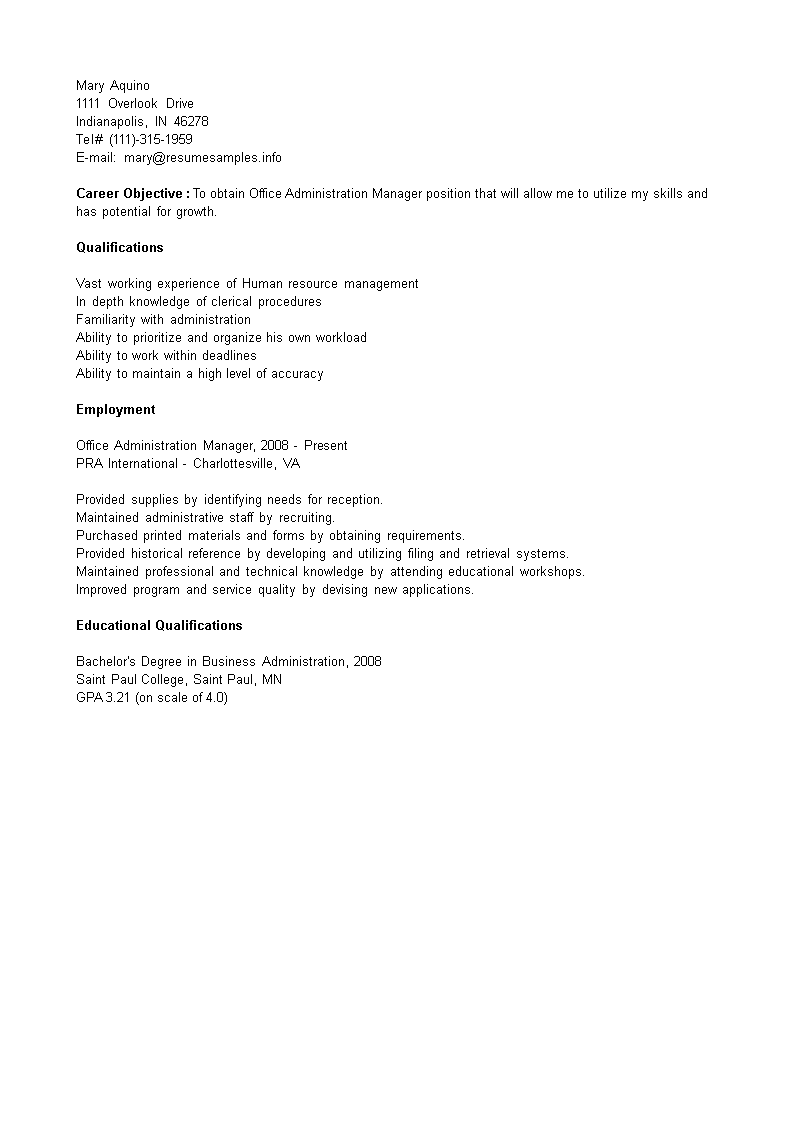 Office Administration Manager Resume 模板