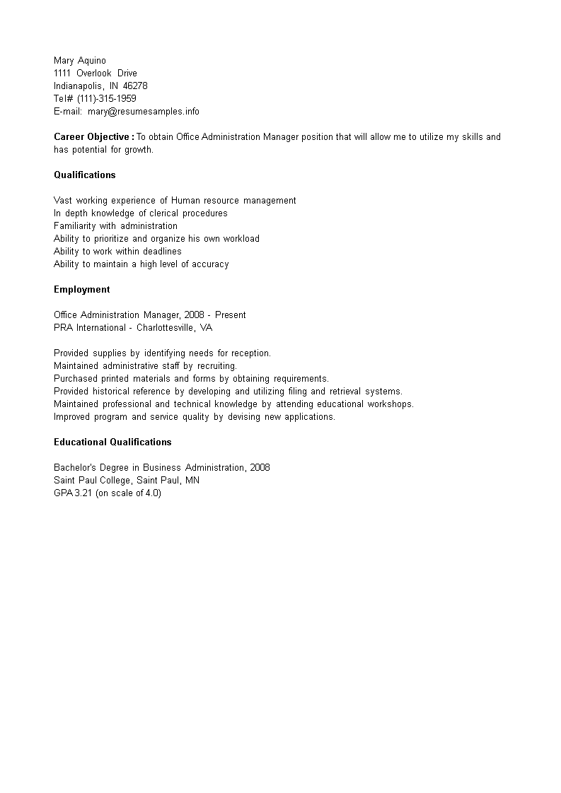 office administration manager resume voorbeeld afbeelding 