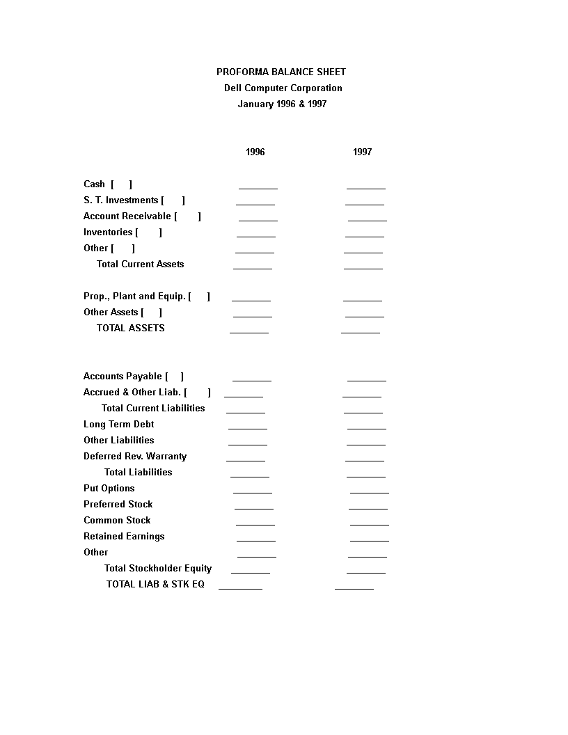 Proforma Balance Sheet 模板