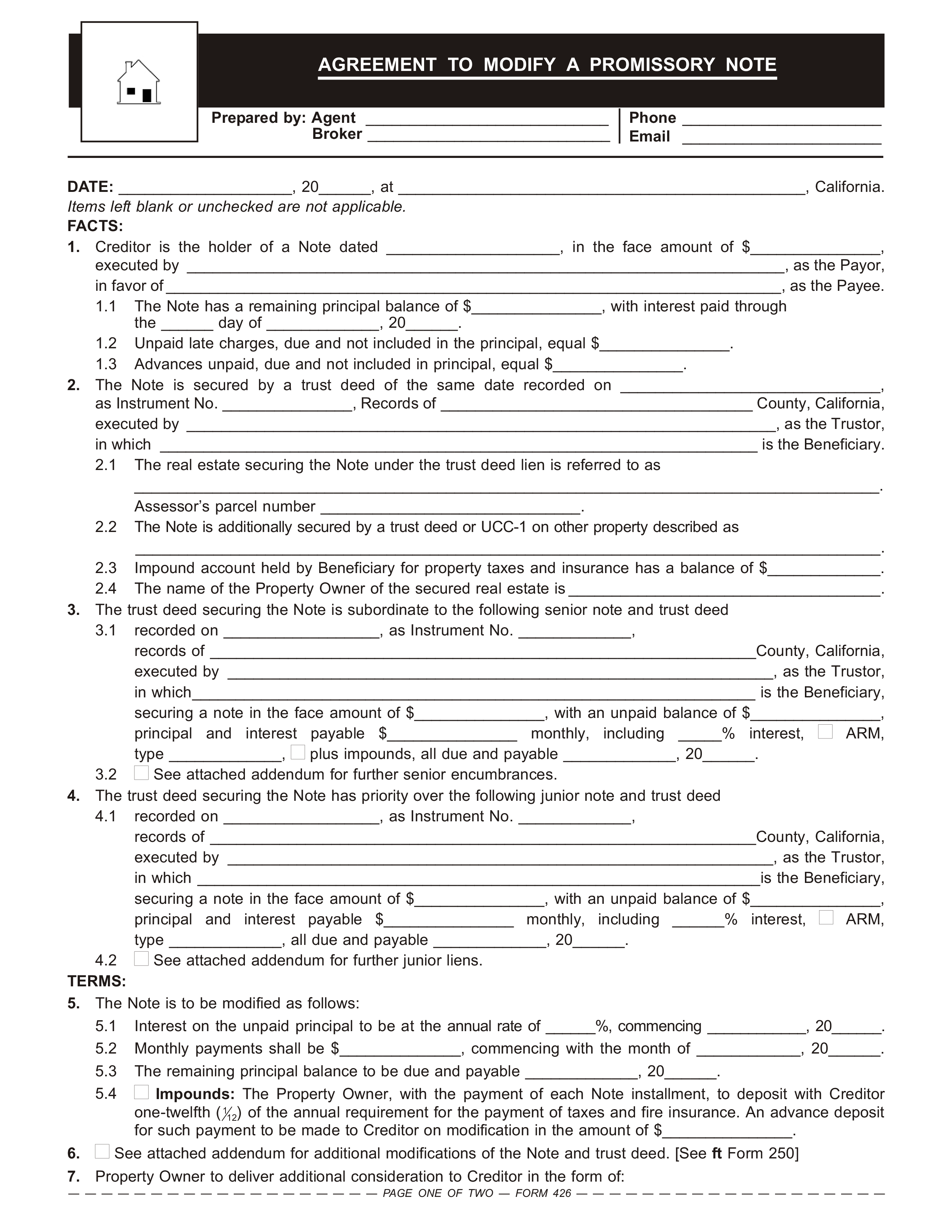 Promissory Note Modification Agreement Form 模板