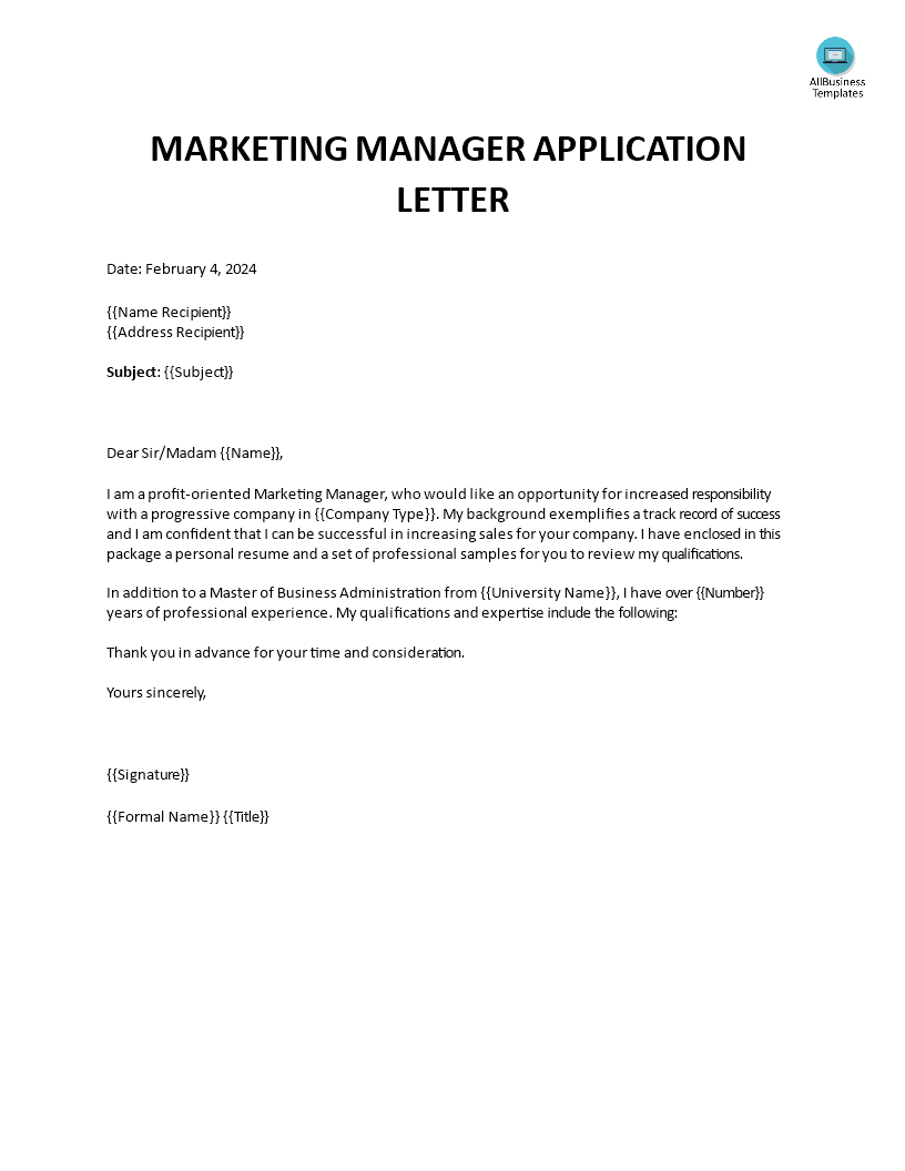 application letter of marketing manager