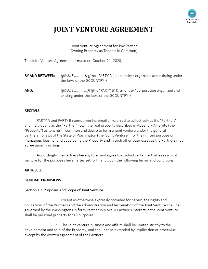 joint venture agreement property ownership template