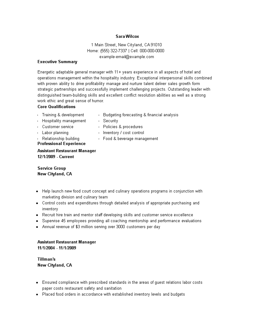 assistant restaurant manager resume template