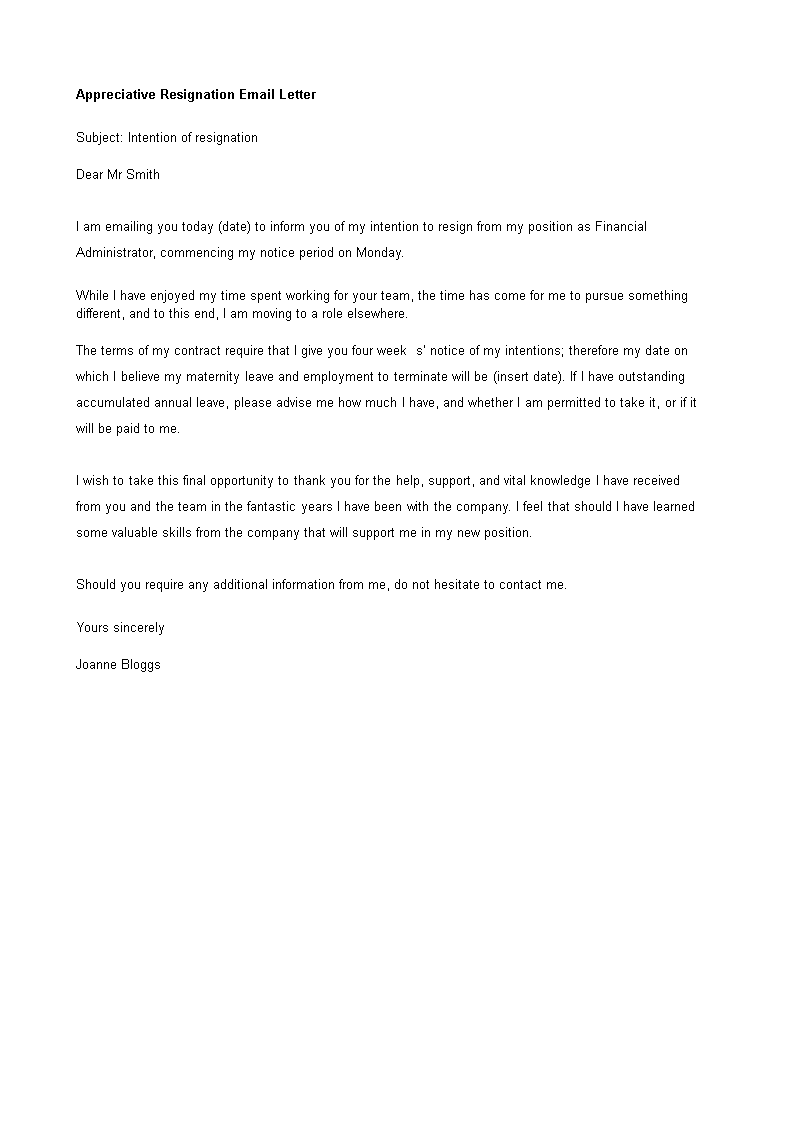 appreciative resignation email letter template