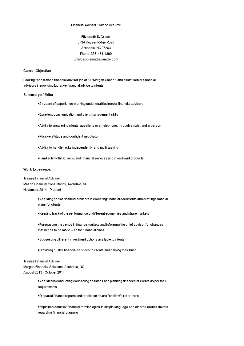 Financial Advisor Trainee Resume 模板