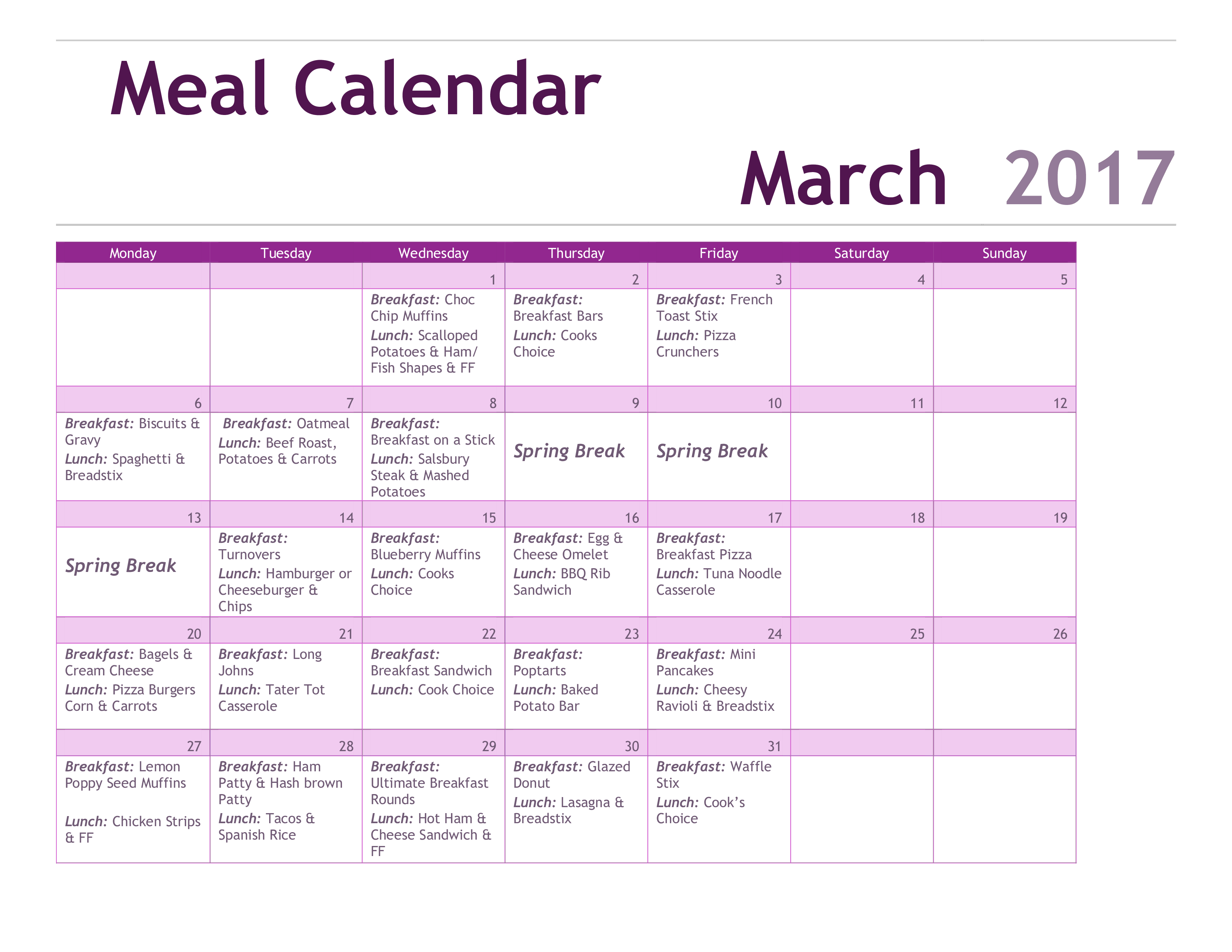 printable Meal Calendar PDF 模板