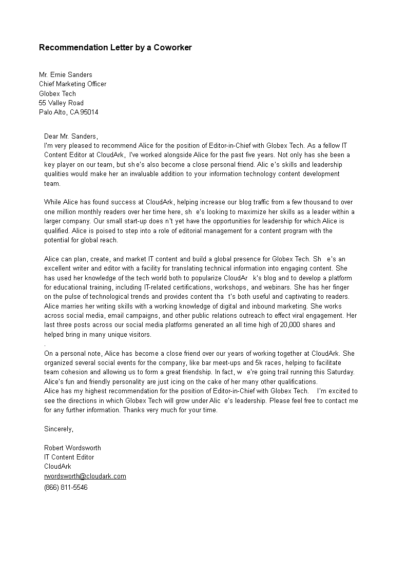 recommendation letter by a coworker template