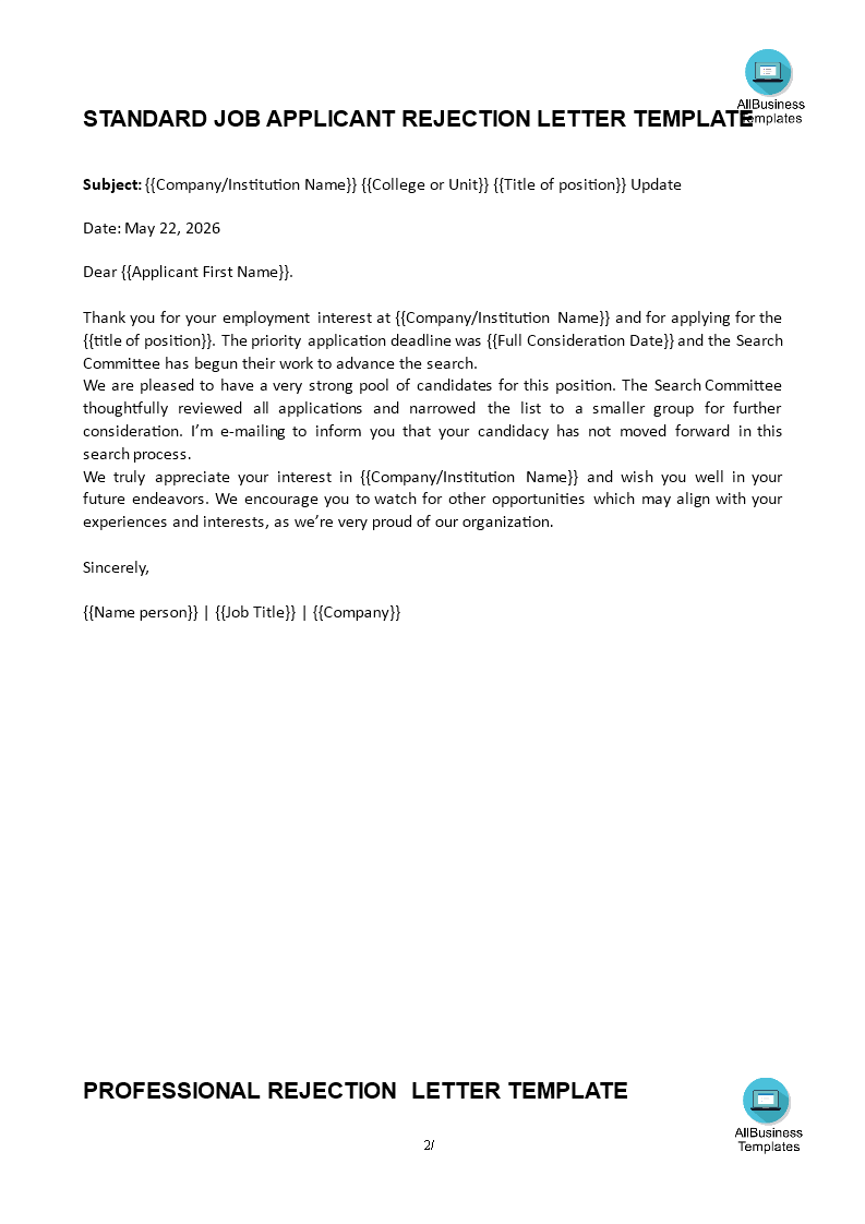 Rejection Letter for Job Application | Templates at ...