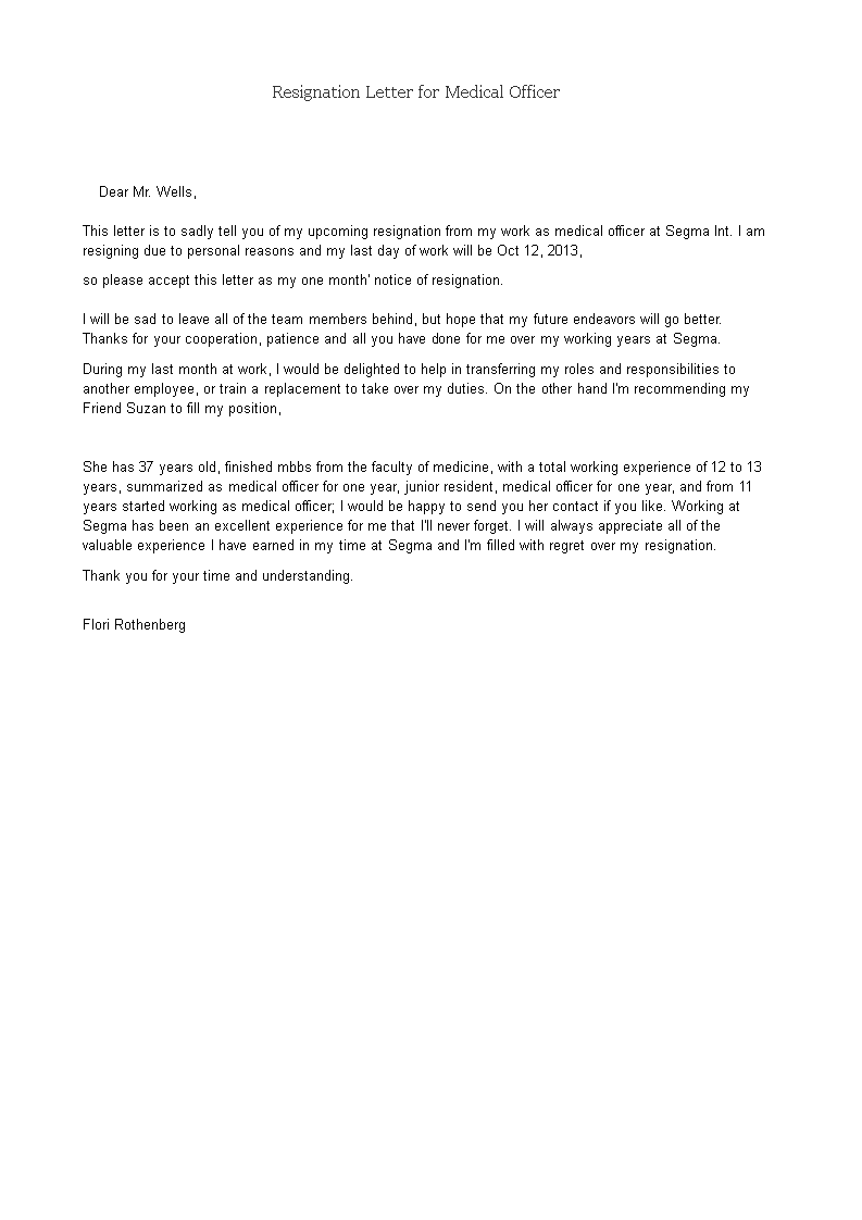 Medical Officer Resignation Letter  Templates at