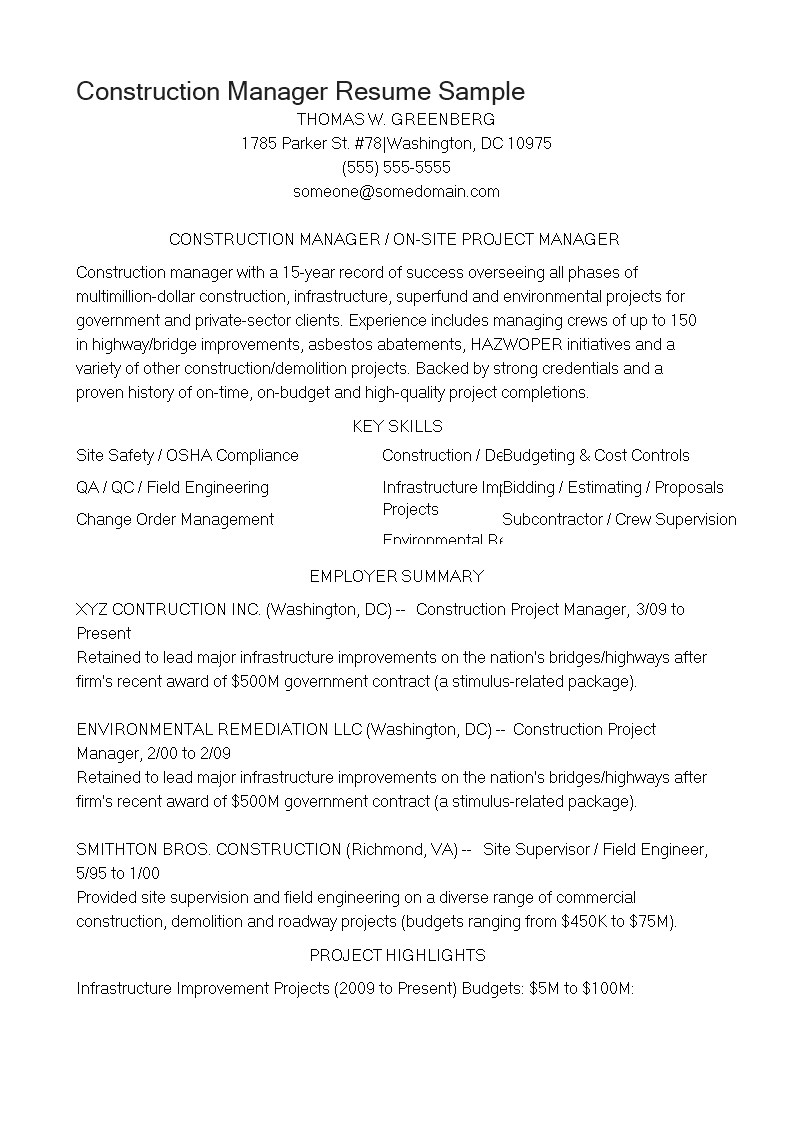 Construction Manager Resume Sample main image