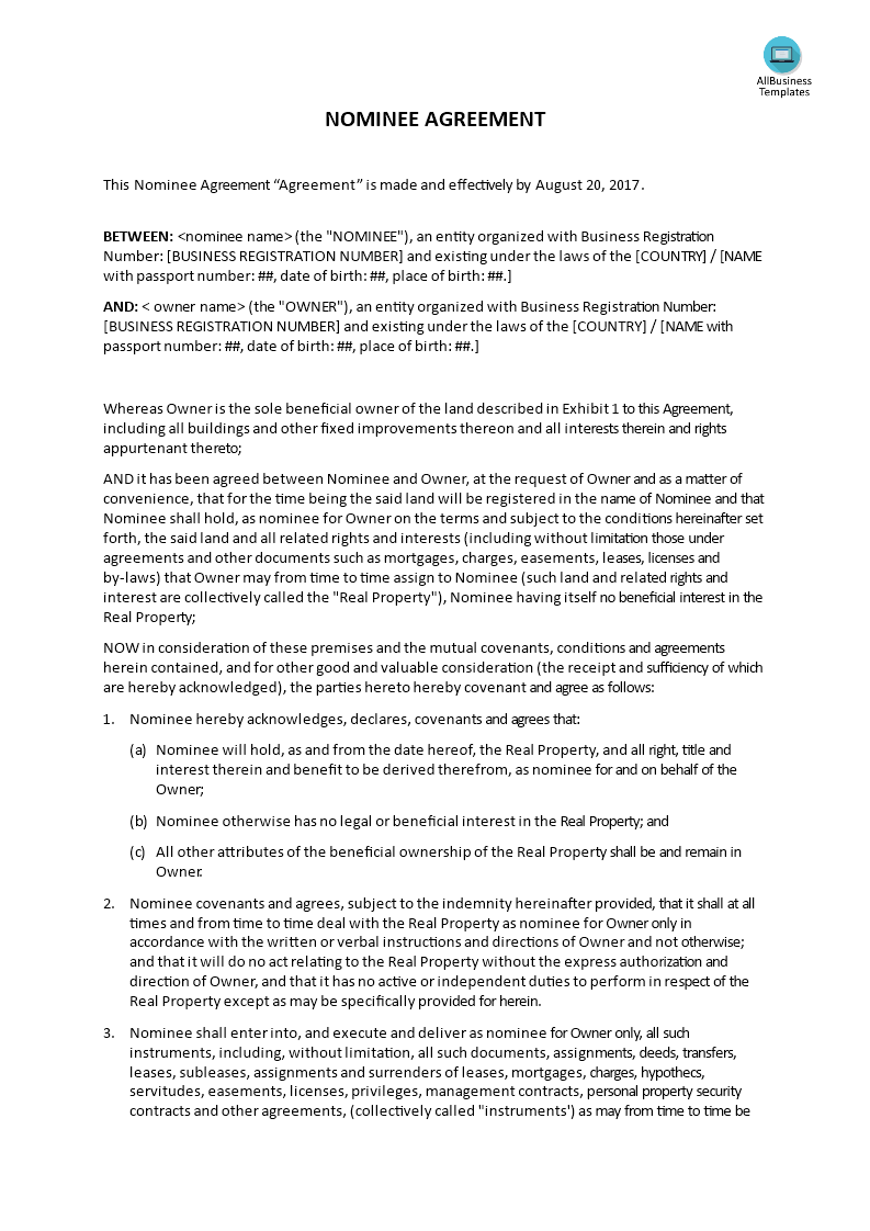 nominee agreement template