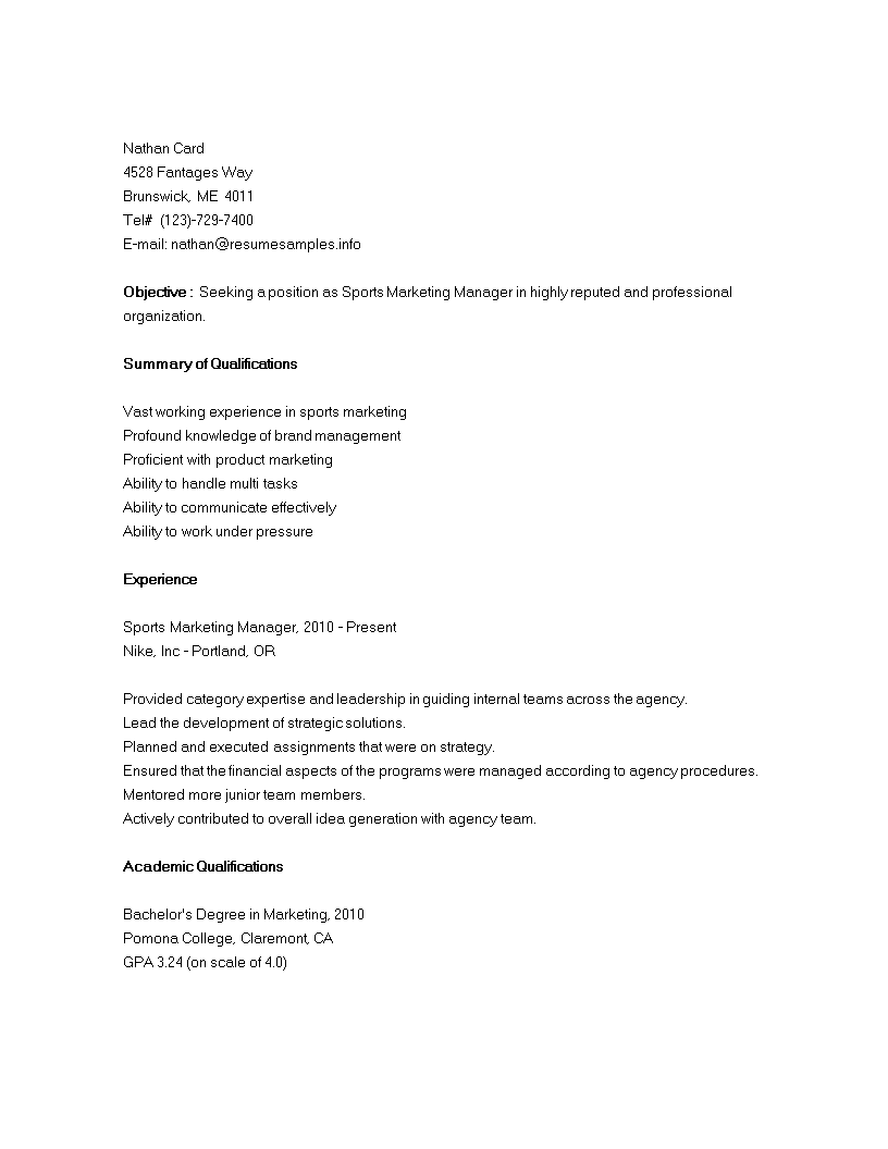 Sports Marketing Manager Resume main image