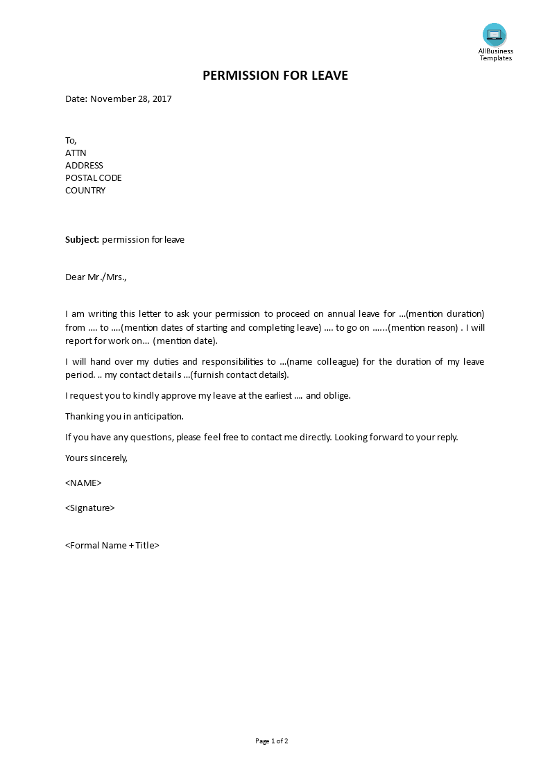 permission leave letter voorbeeld afbeelding 