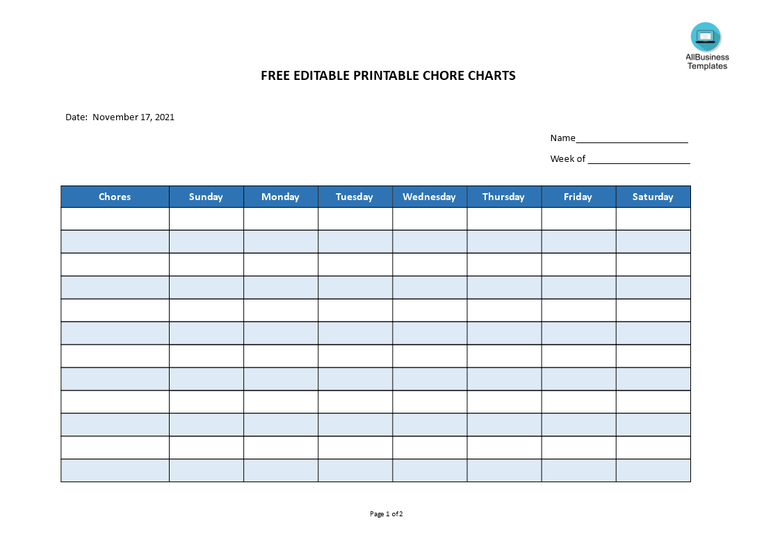 free editable printable chore charts modèles