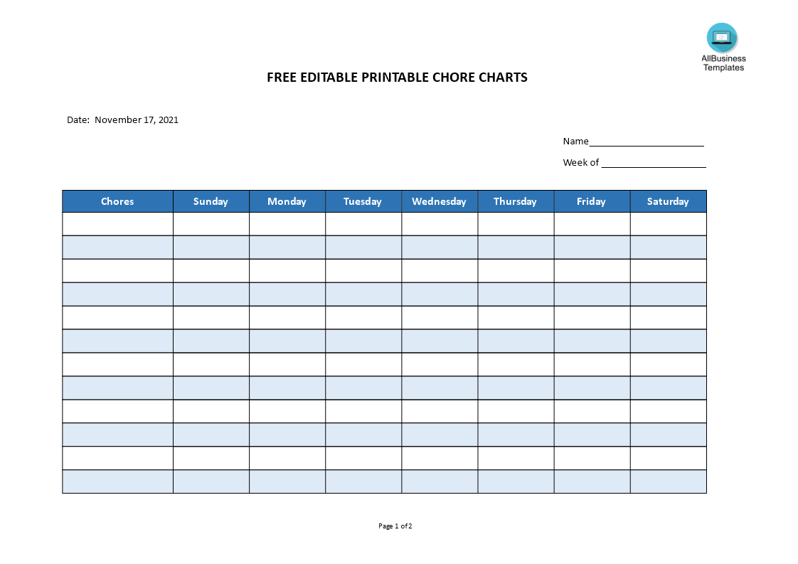 free editable printable chore charts Hauptschablonenbild