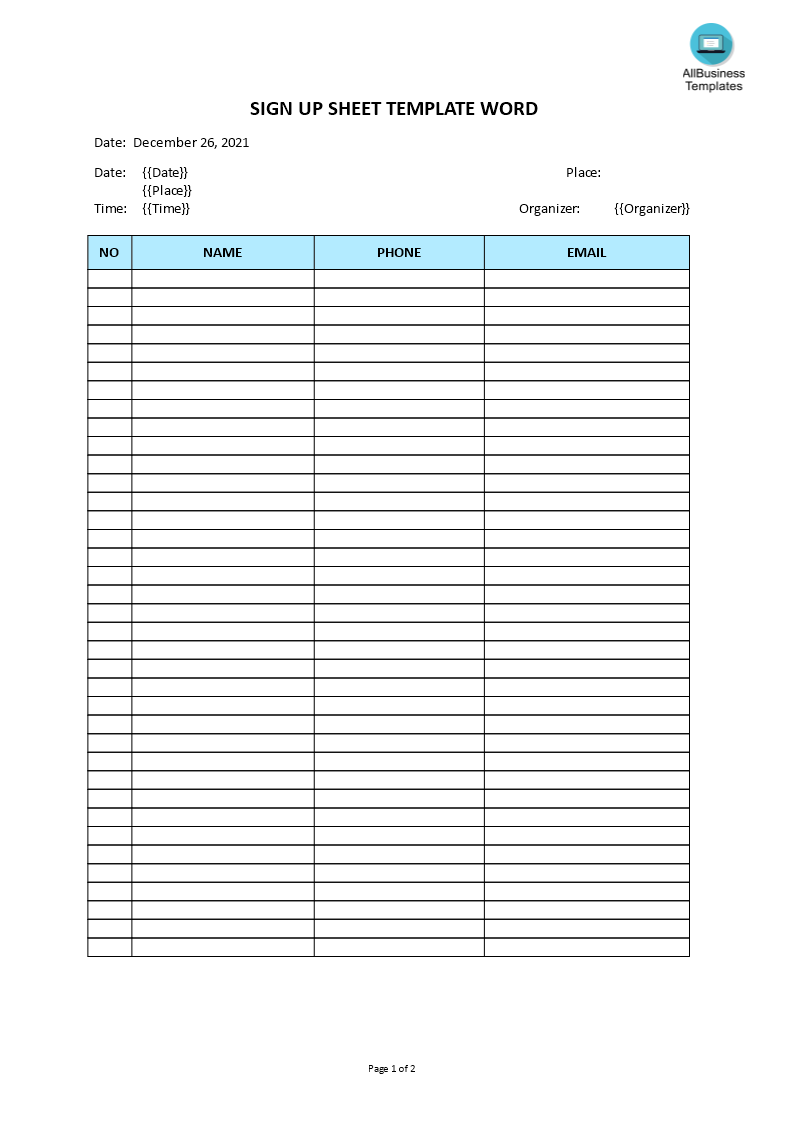 sign up sheet template word Hauptschablonenbild