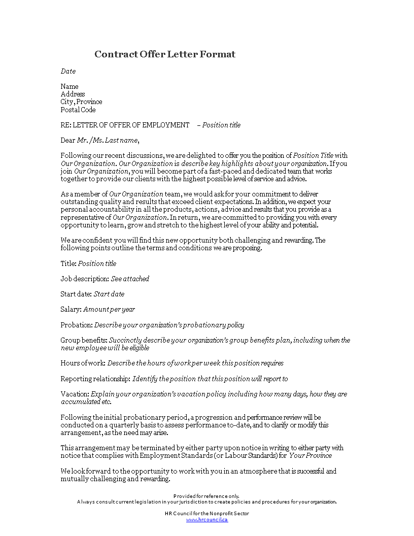 contract offer letter format template