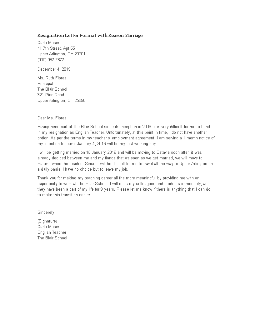 resignation letter format with reason marriage template