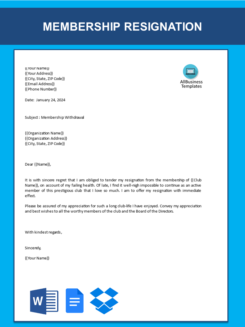 simple membership resignation letter template