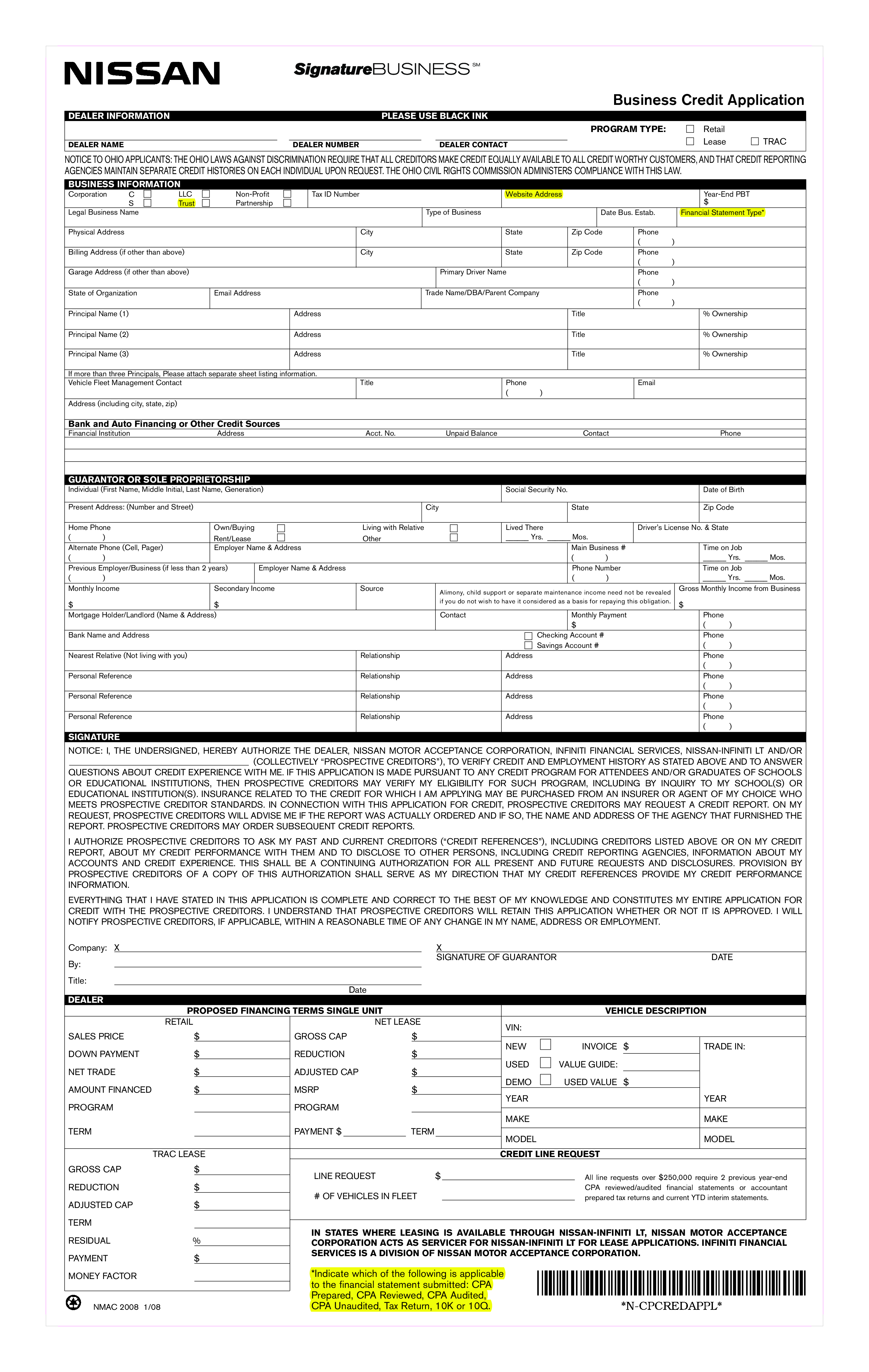 Business Lease Credit Application Form 模板