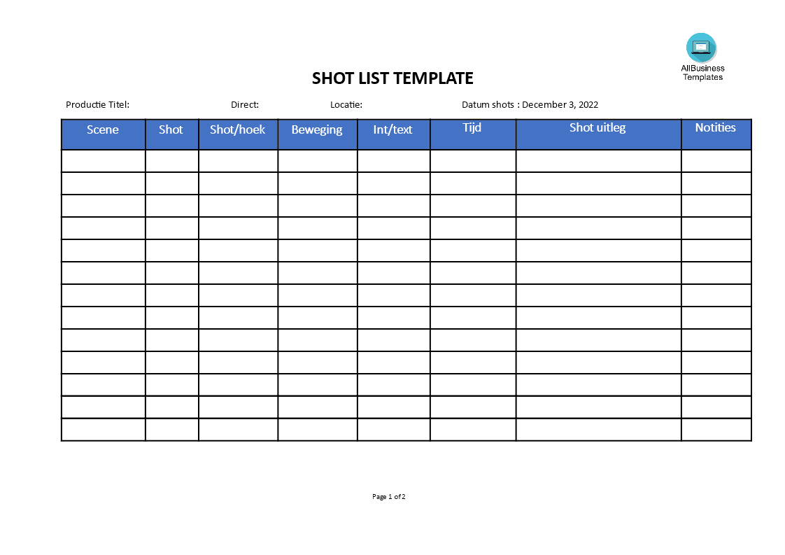 Opnamelijst Template 模板