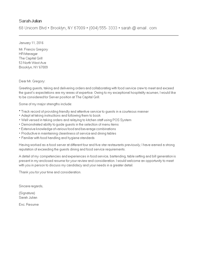 cover letter for server with no experience