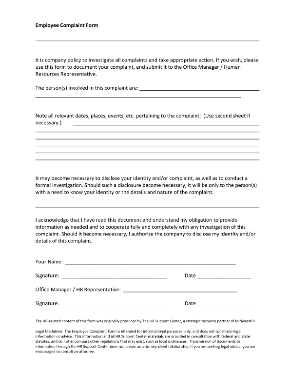 Sample Employee Complaint Form Templates at