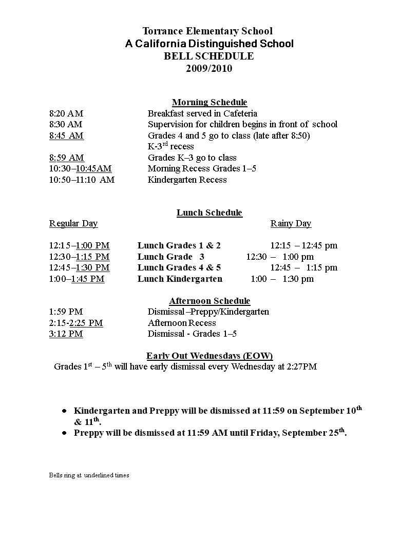 Elementary School Lunch Schedule main image