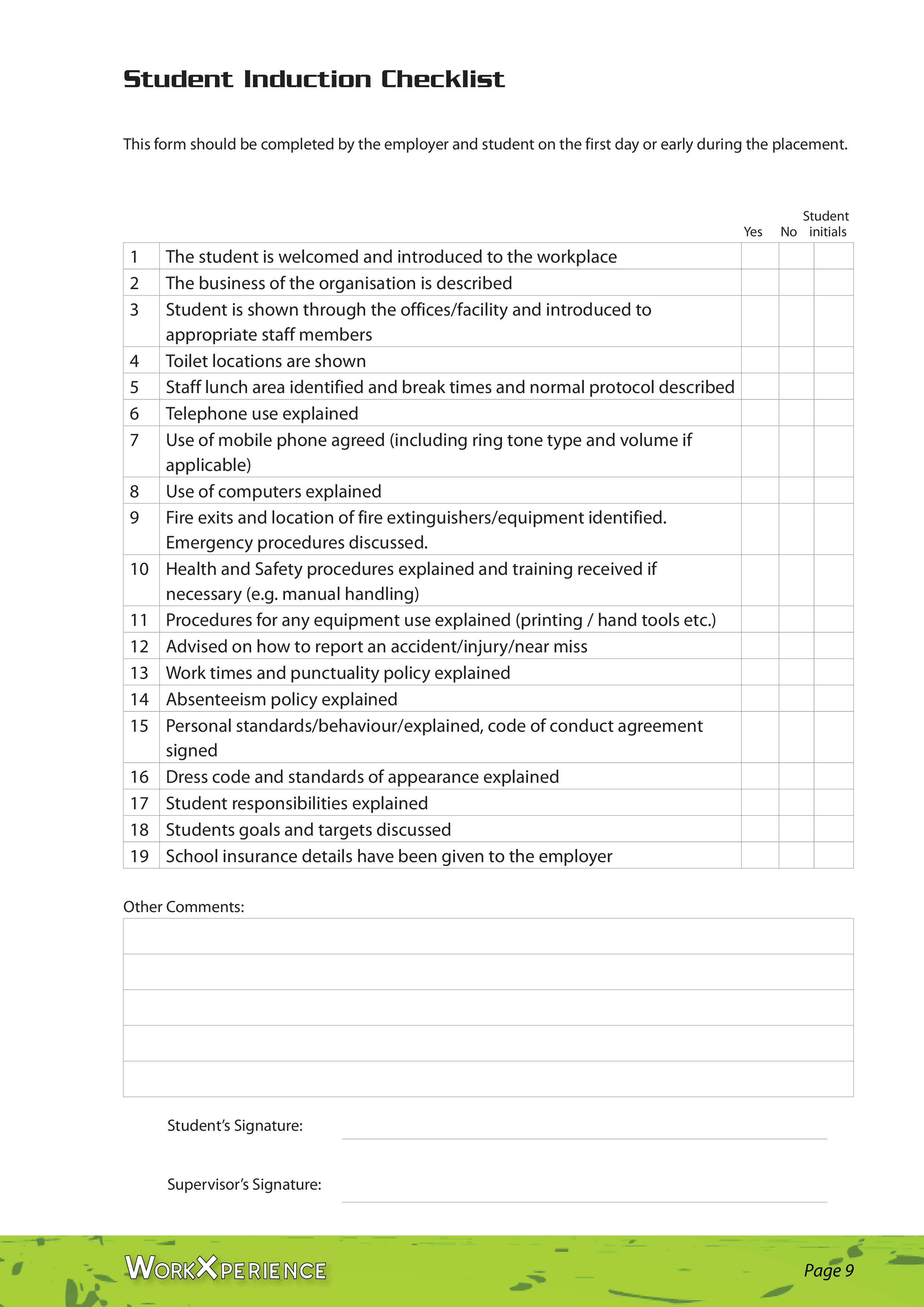 student induction checklist Hauptschablonenbild