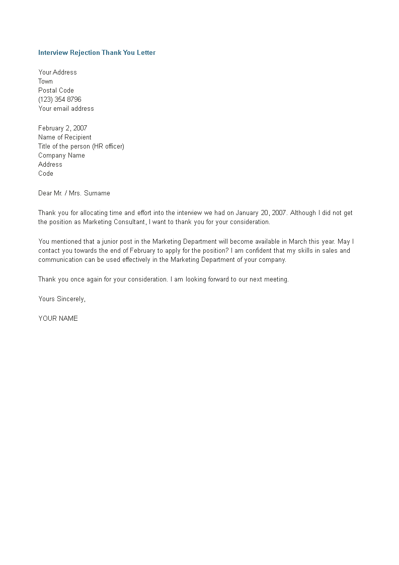 interview rejection thank you letter template