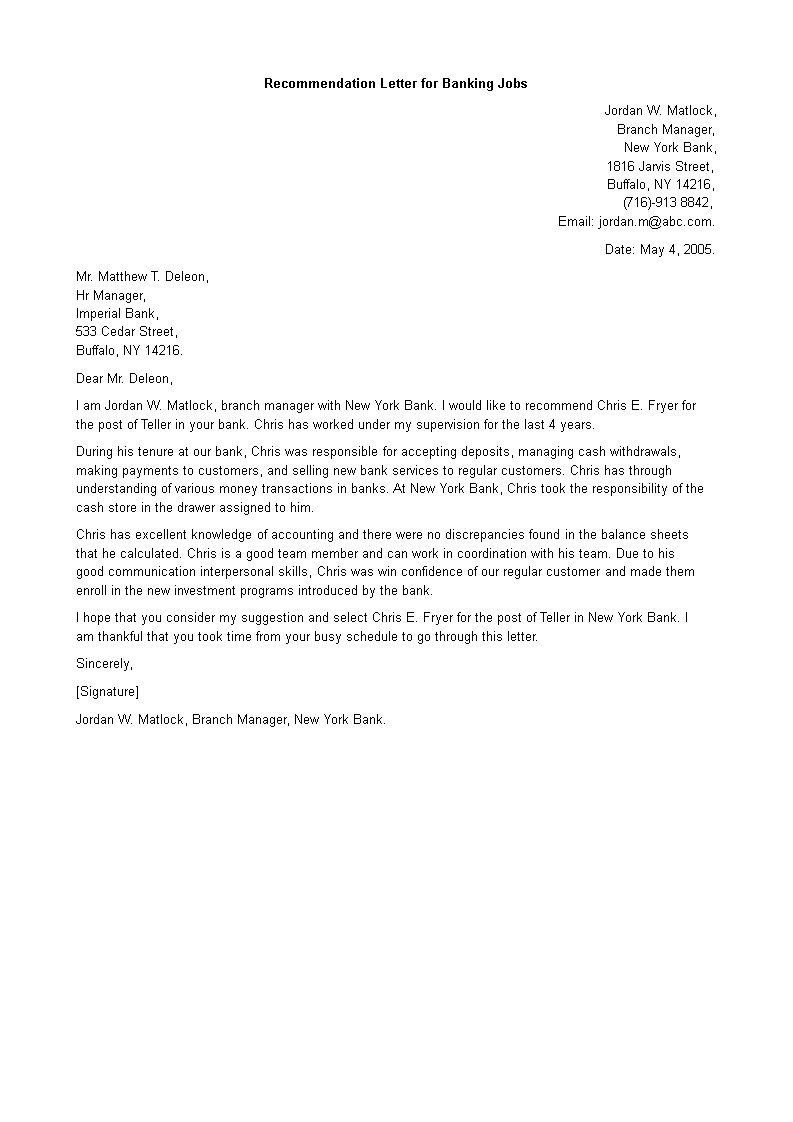 Personal Banker Letter Of Recommendation main image