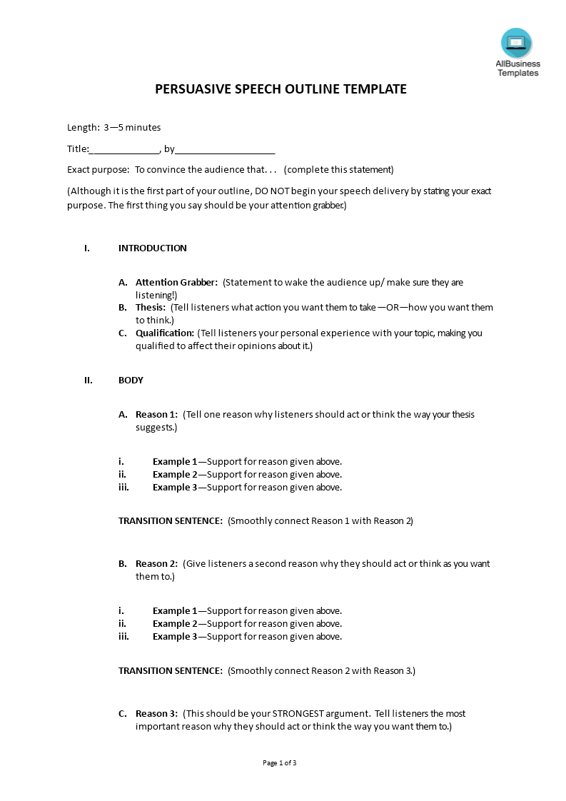 persuasive speech outline template template