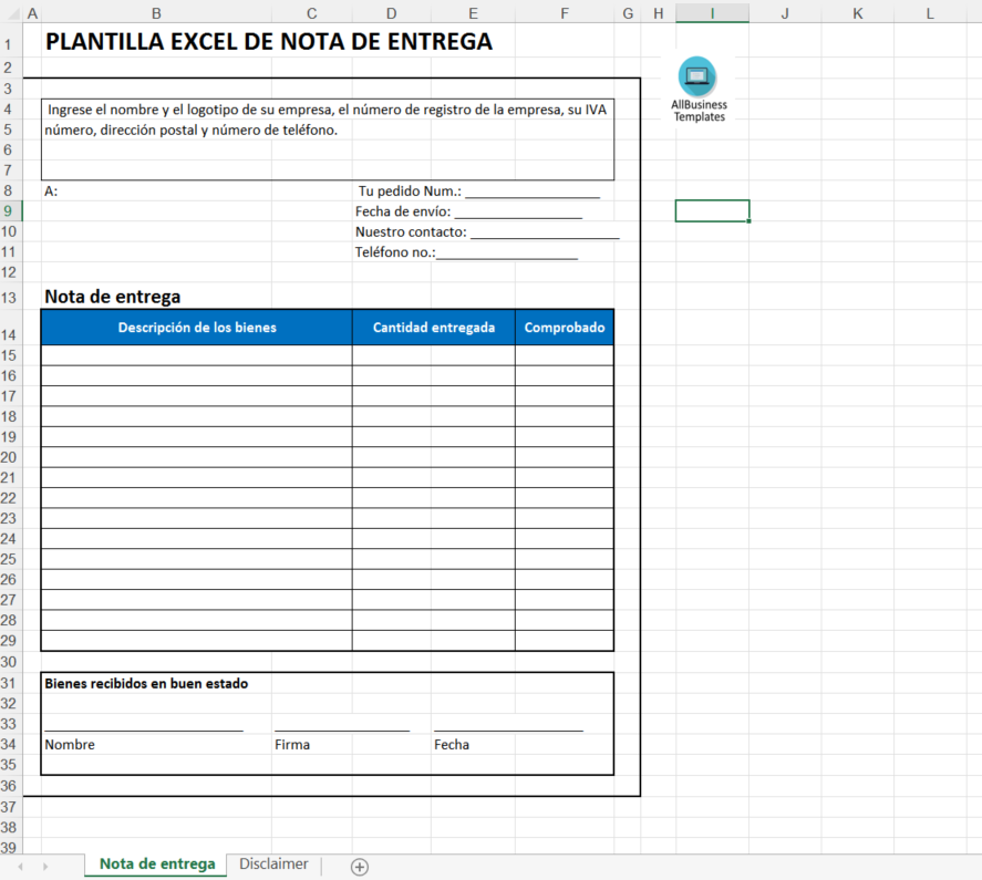 Plantilla Excel de nota de entrega 模板