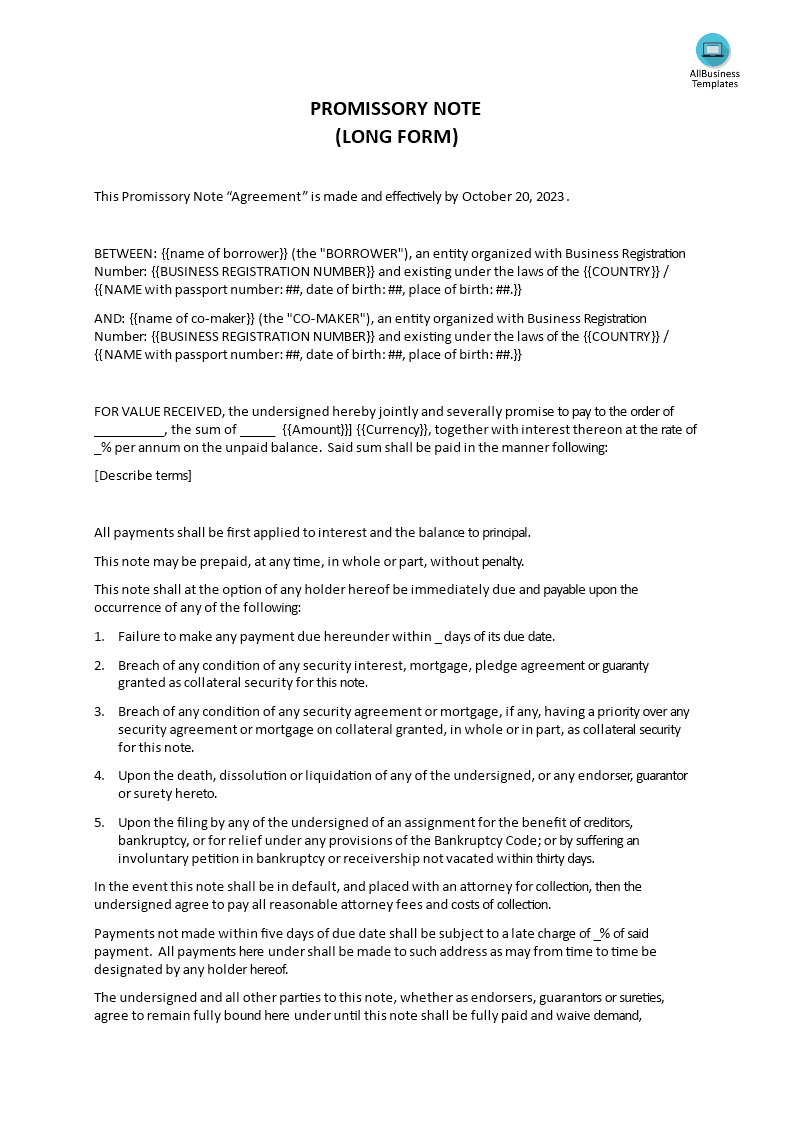 promissory note long form template