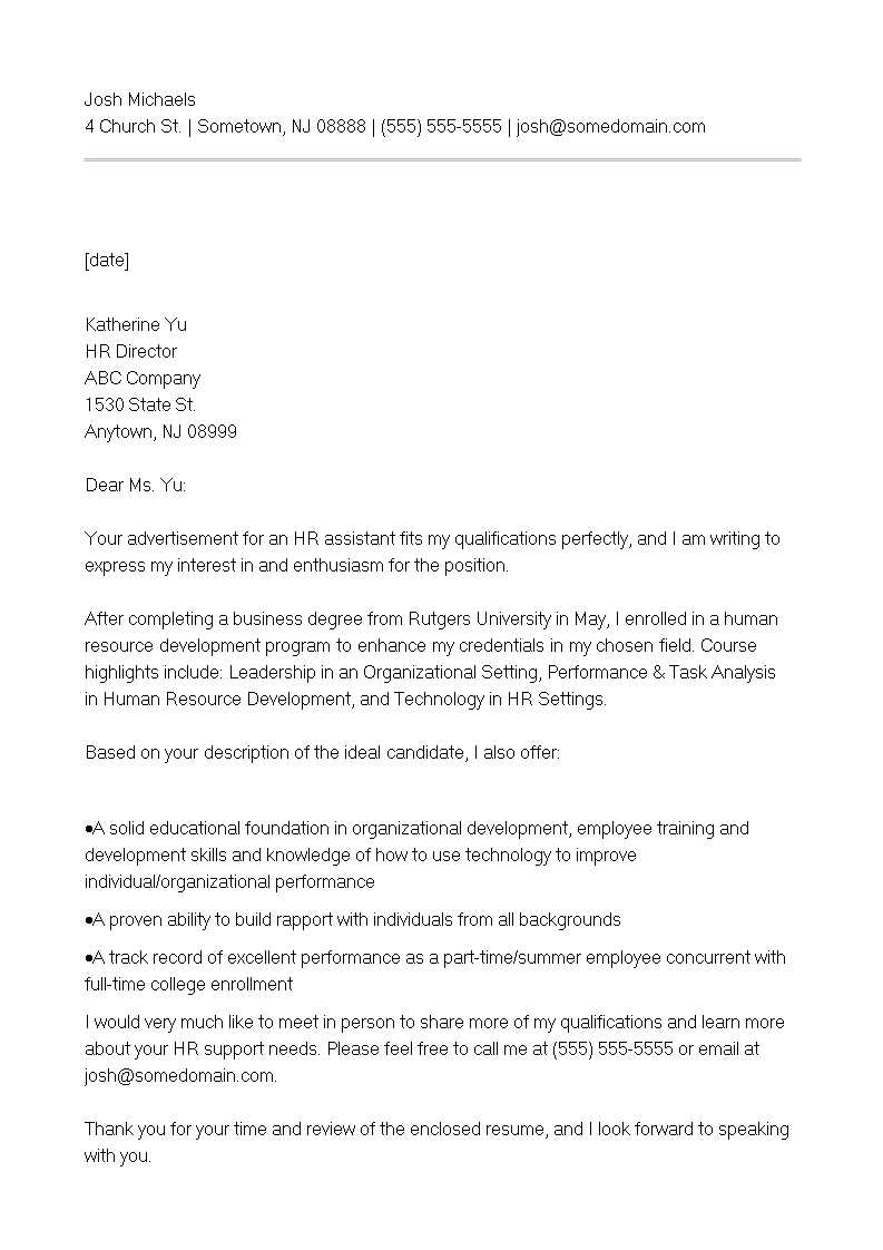 cover letter for university application examples